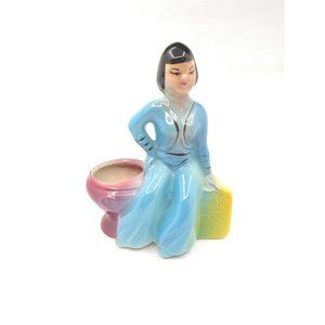 Vintage MCM Asian Woman in blue attire Small 6" Ceramic Planter